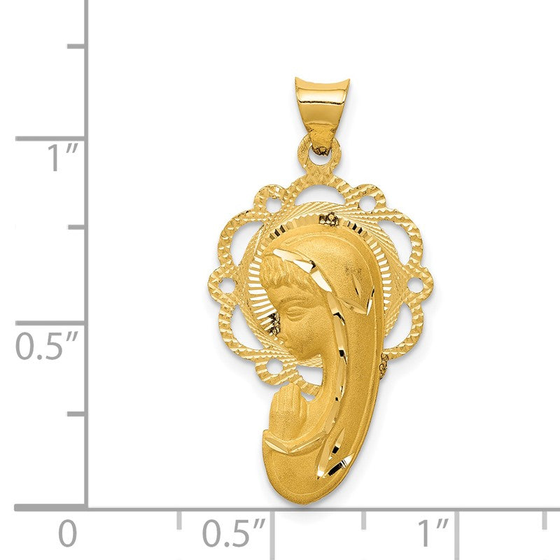 14k Satin and Polished Diamond-cut Virgin Mary Scalloped Edge Pendant K5655