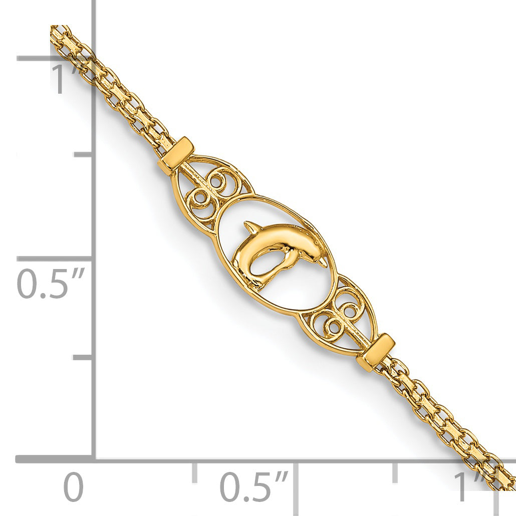 14k Polished Dolphin and Filigree Bismark Chain 10 inch Anklet ANK2
