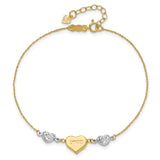 14K Two-tone Puffed LOVE Heart and Diamond-cut Beads 7 inch Bracelet Plus 1 inch Heart Dangle Extender ANK276