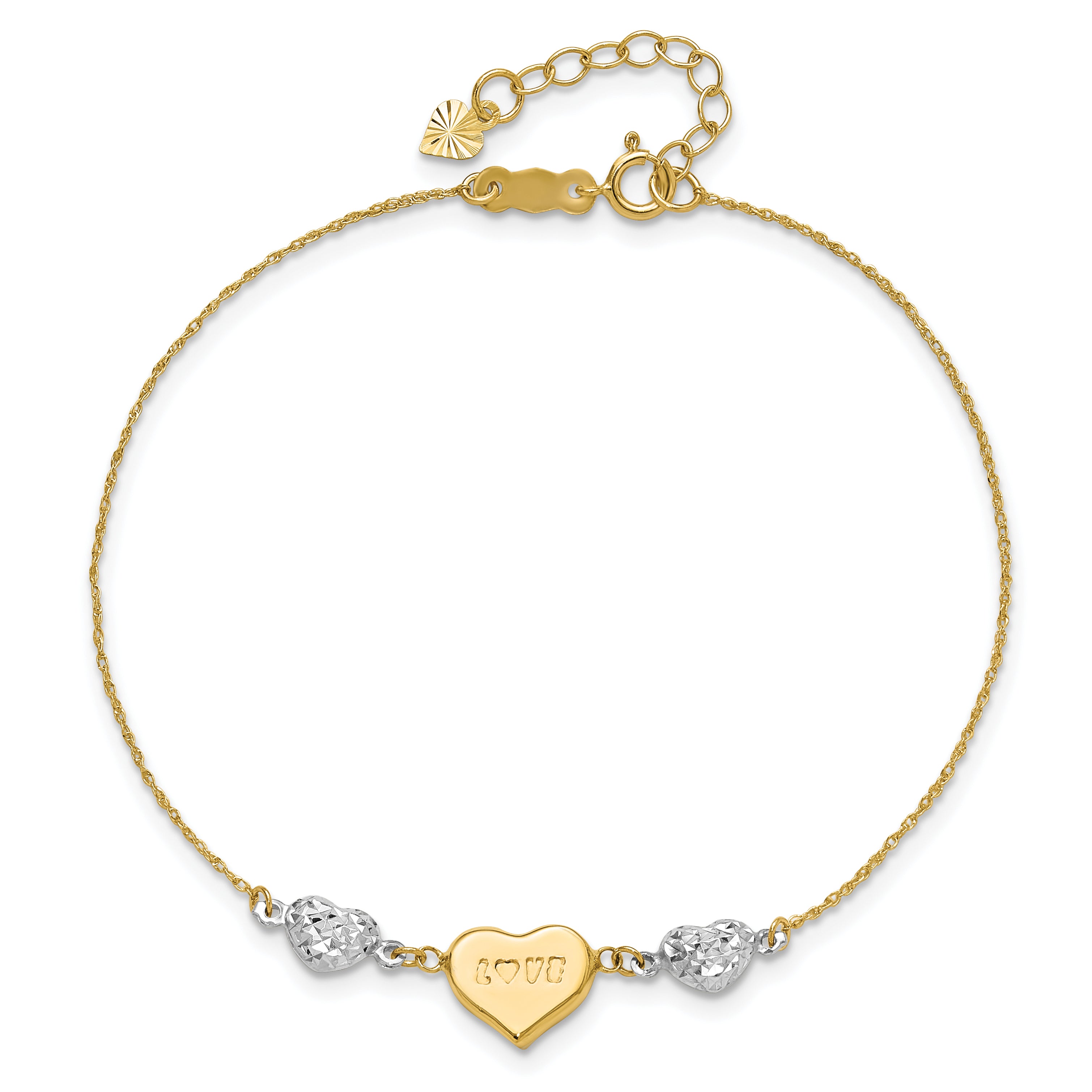 14K Two-tone Puffed LOVE Heart and Diamond-cut Beads 7 inch Bracelet Plus 1 inch Heart Dangle Extender ANK276