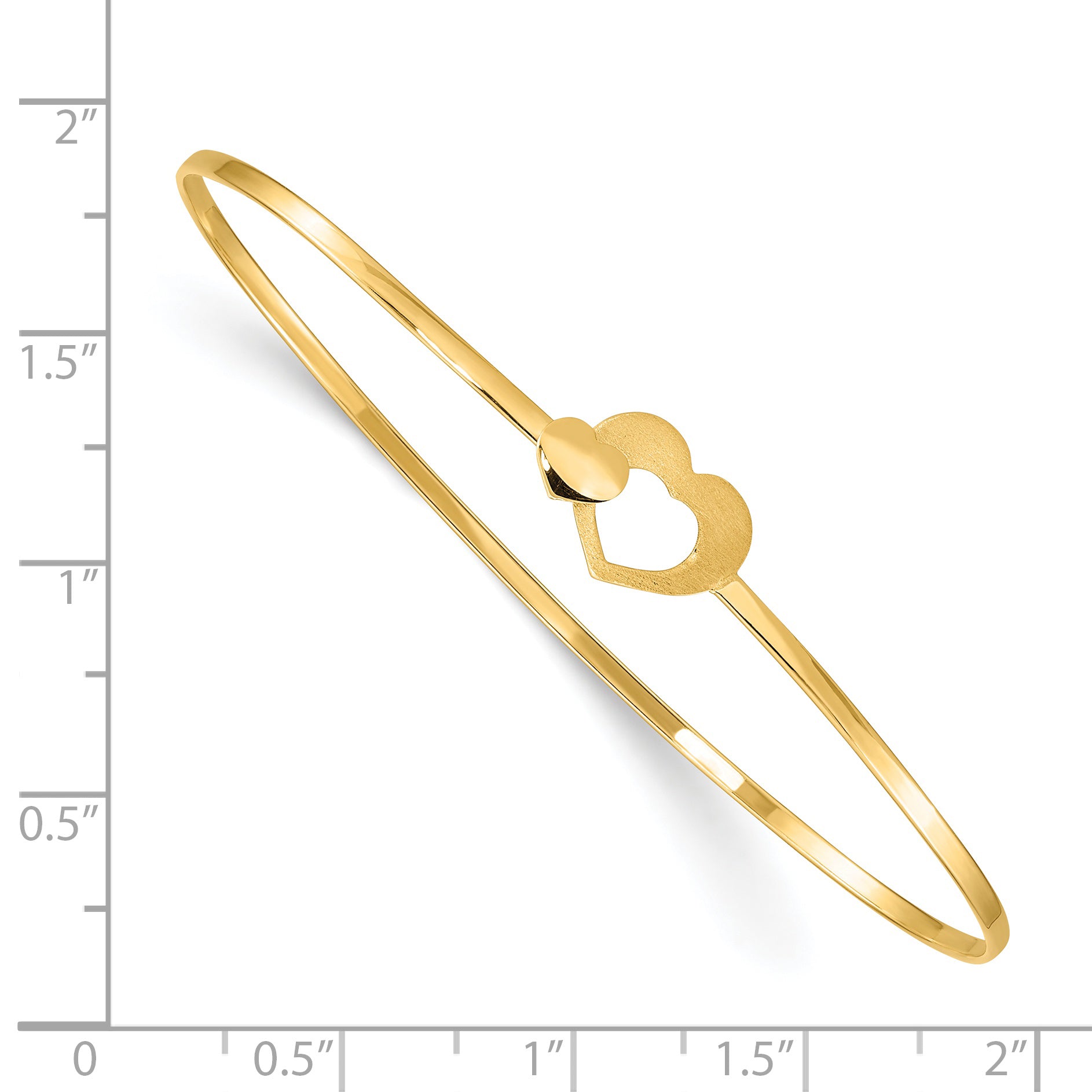 14K Brushed and Polished Two Hearts Clasp 1.60mm Flexible Oval Bangle Bracelet DB686