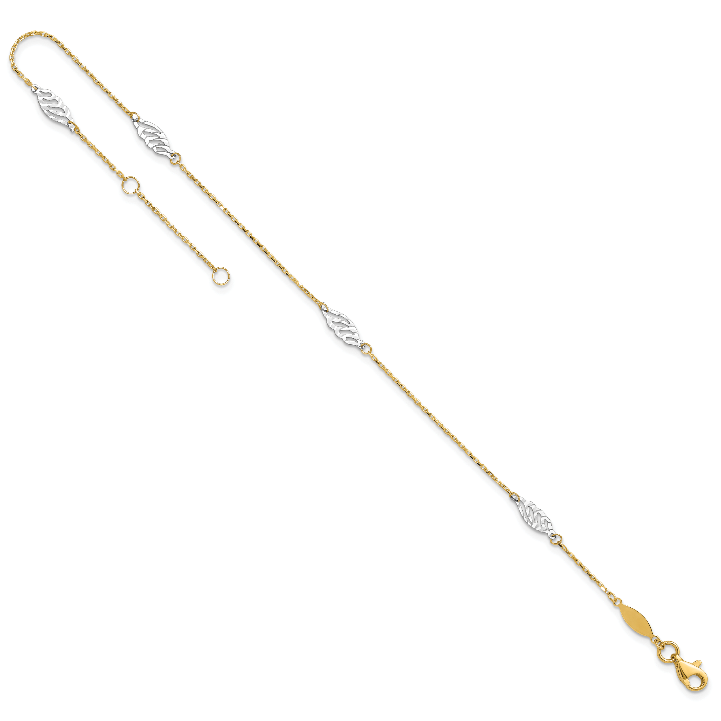 14K Two-Tone Diamond-cut Leaf 4-Station 9 inch Plus 1 inch Extender - Total 10 inch Anklet ANK281
