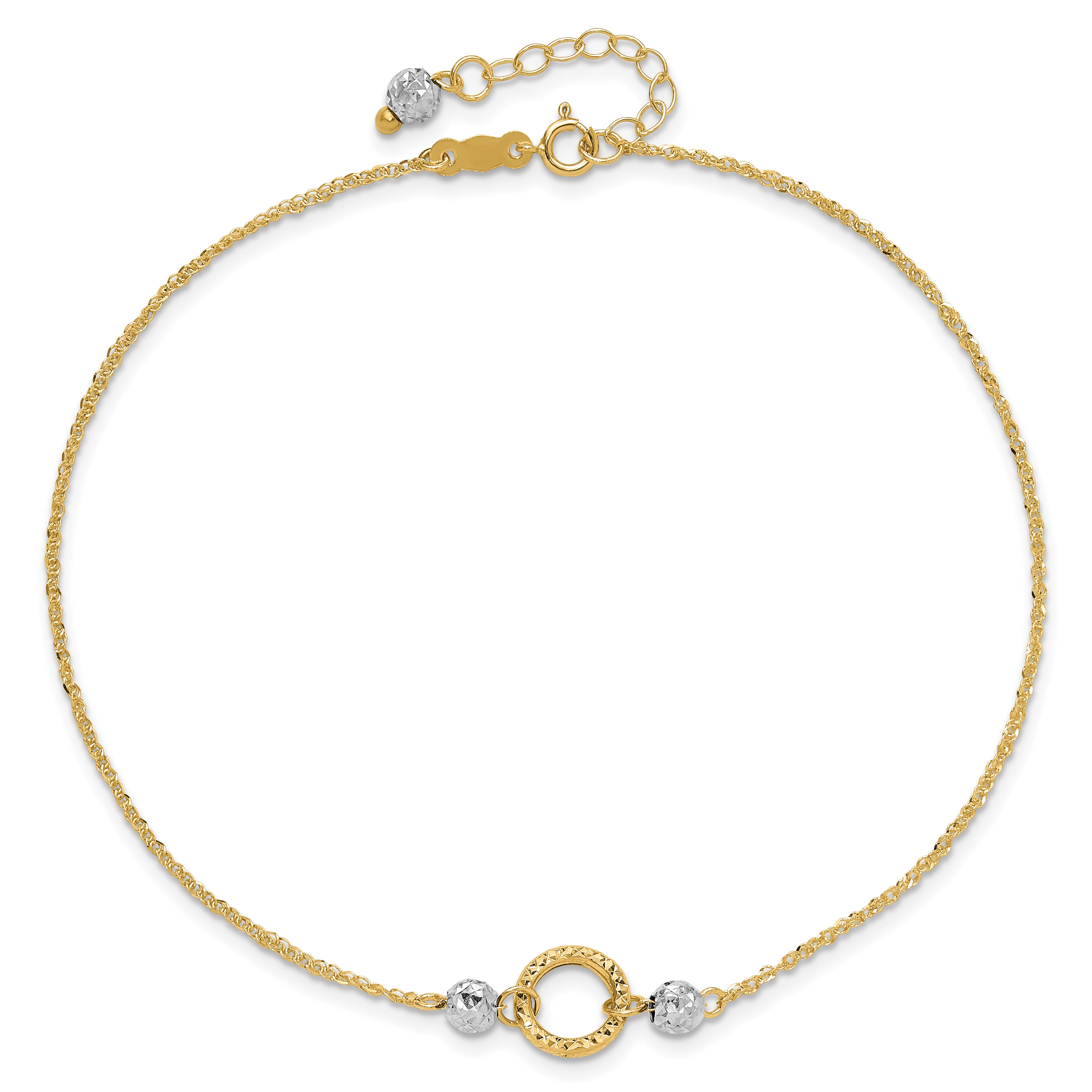 14k Two-tone Circle and Diamond-cut Beads 9 inch Plus 1 inch Bead Dangle Extender - Total 10 inch Anklet ANK228