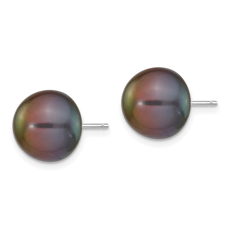 14k White Gold 10-11mm Black Button Freshwater Cultured Pearl Stud Post Earrings XW100BB