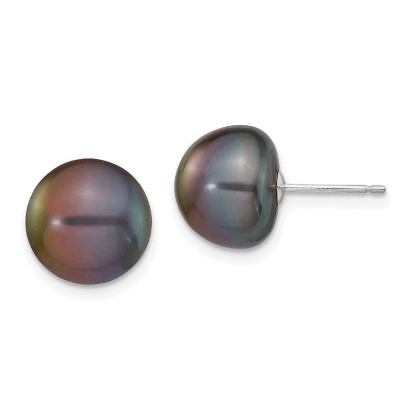 14k White Gold 10-11mm Black Button Freshwater Cultured Pearl Stud Post Earrings XW100BB
