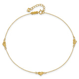 14k Polished Diamond-cut Triple Puffed Hearts 9 inch Plus 1 inch Extender - Total 10 inch Anklet ANK287