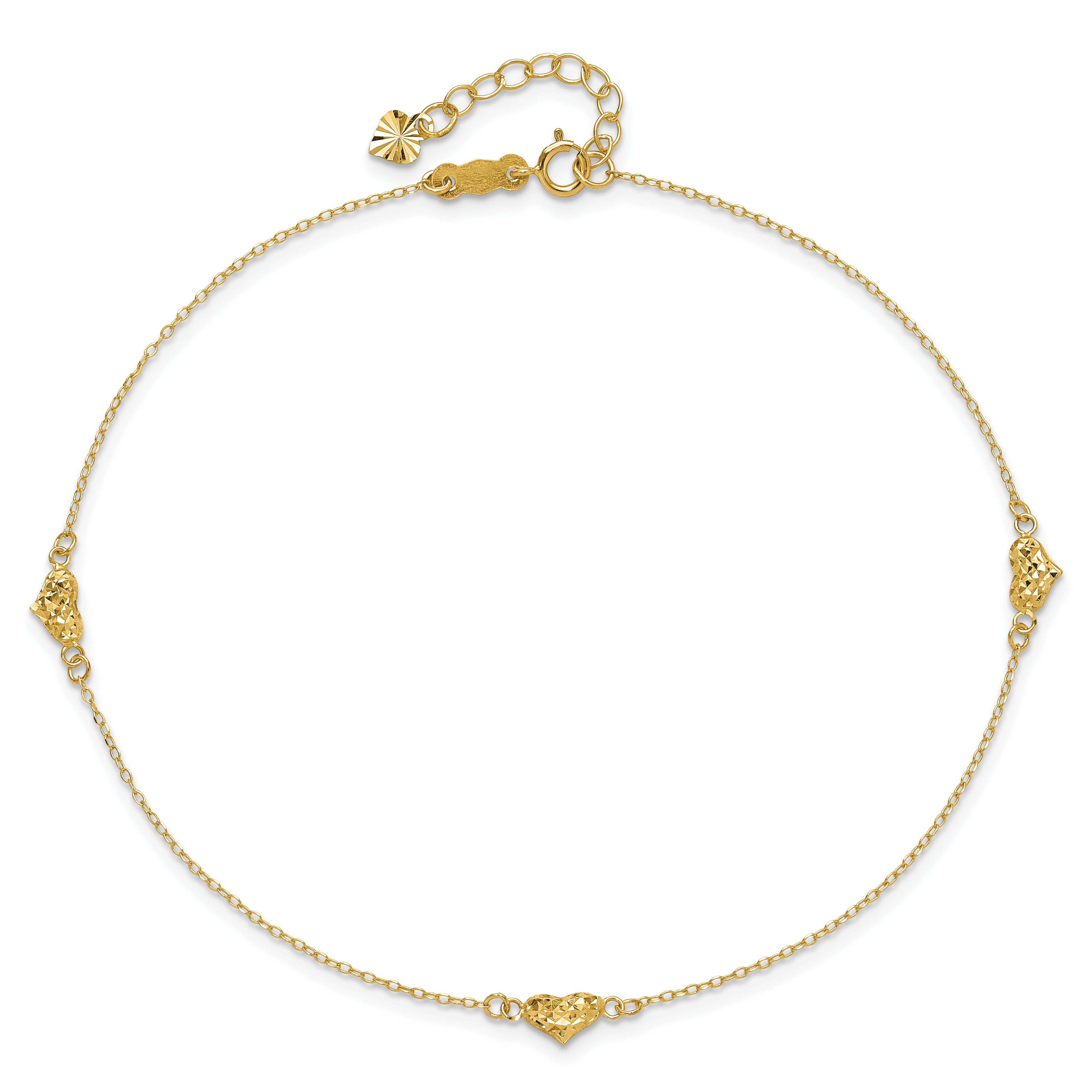 14k Polished Diamond-cut Triple Puffed Hearts 9 inch Plus 1 inch Extender - Total 10 inch Anklet ANK287