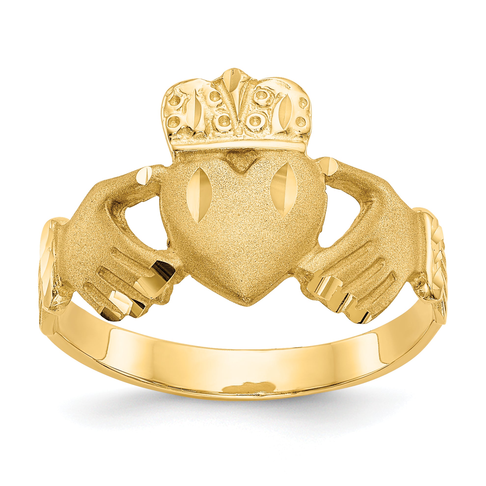 14K Mens Satin Diamond-cut Claddagh Ring K3856