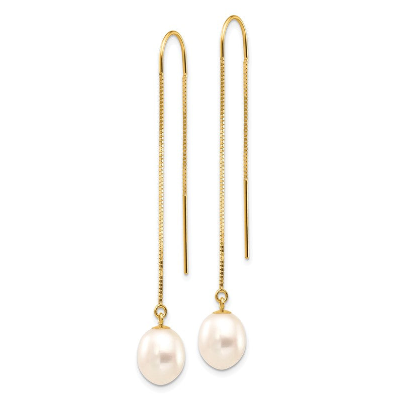 14k 7-8mm White Rice Freshwater Cultured Pearl Box Chain Threader Earrings XF712E