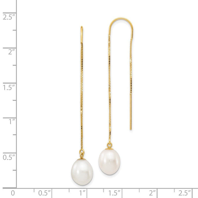 14k 7-8mm White Rice Freshwater Cultured Pearl Box Chain Threader Earrings XF712E