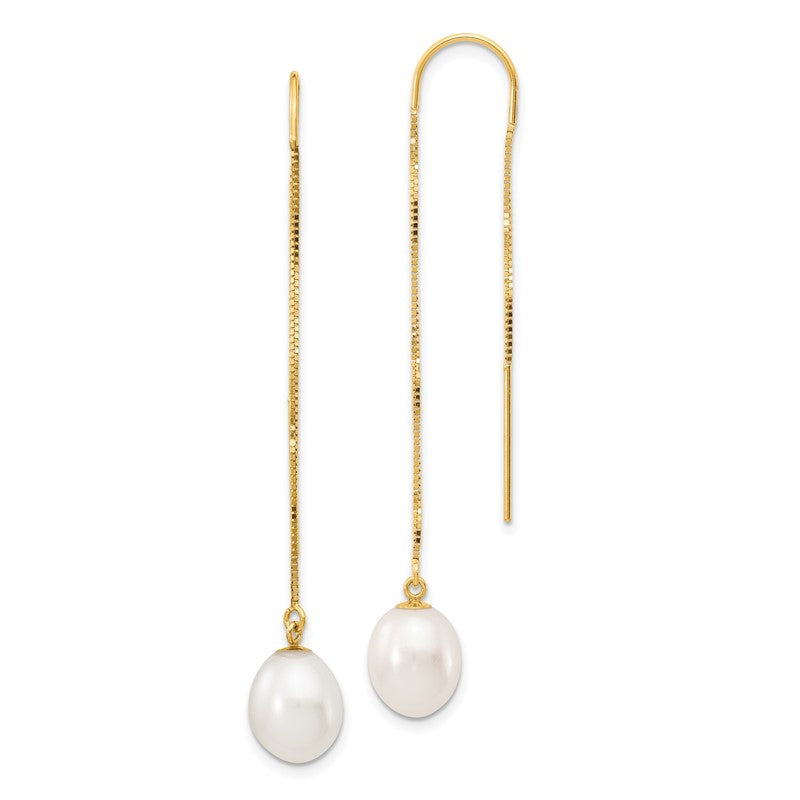 14k 7-8mm White Rice Freshwater Cultured Pearl Box Chain Threader Earrings XF712E