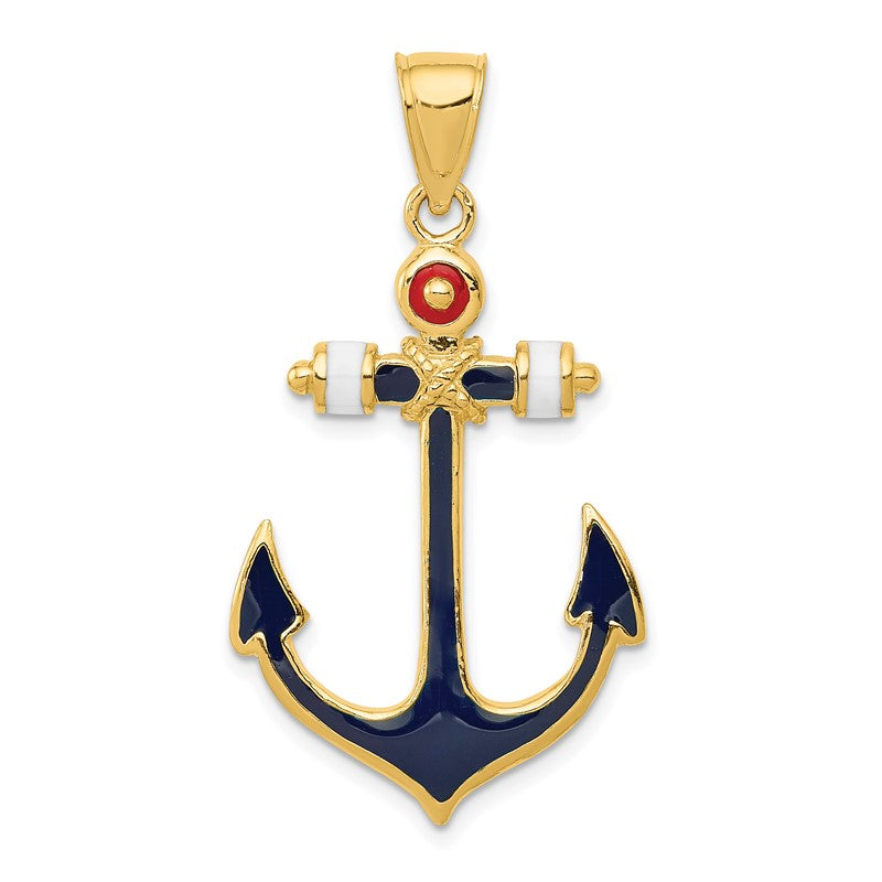 14K 2-D Red White and Blue Enameled Anchor Pendant K4201
