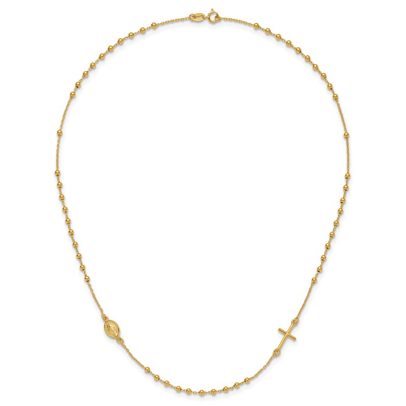 14k Polished Cross and Miraculous Medal Beaded Rosary Design 16 inch Necklace SF2504
