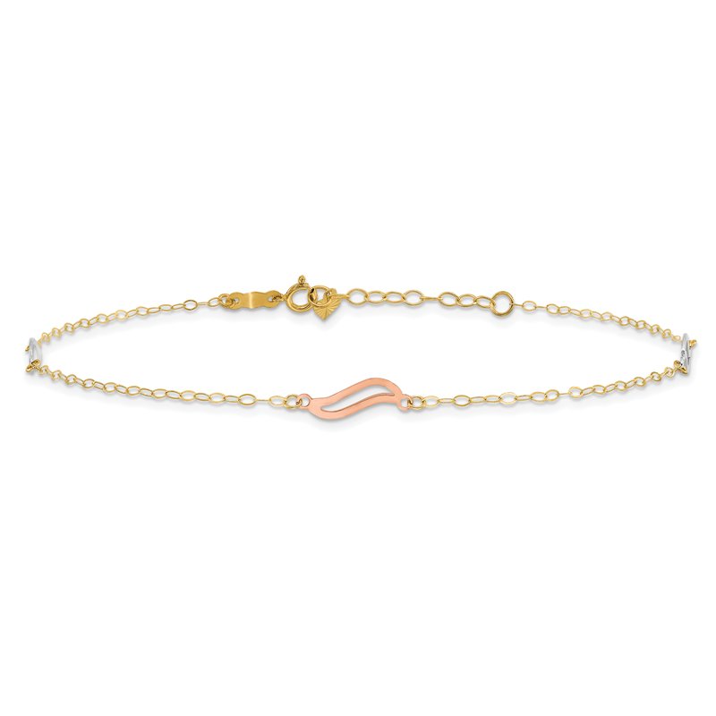14K Tri-color Open Wavy Links 3-Station 9 inch Plus 1 inch Extender - Total 10 inch Anklet ANK268