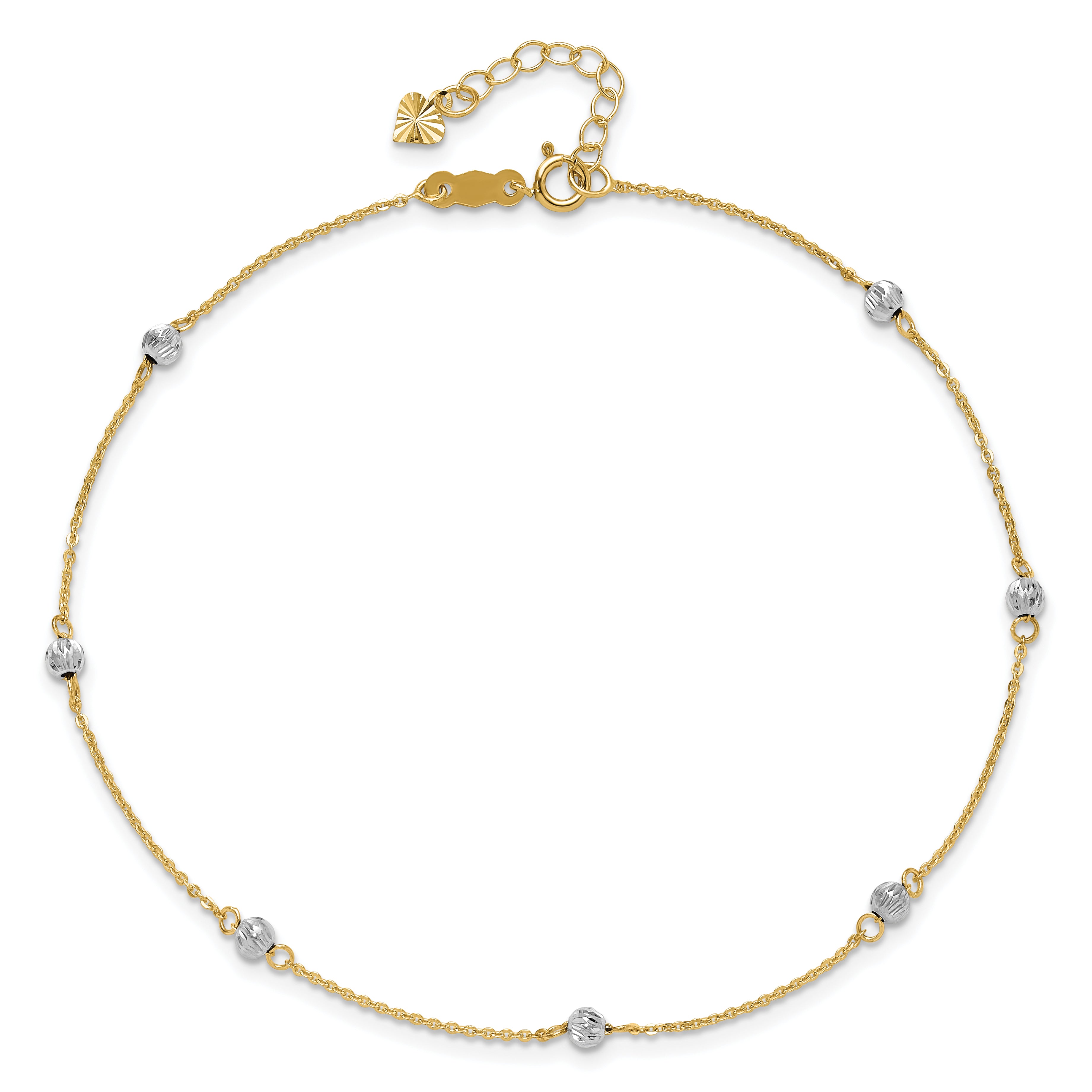 14K Two-tone Diamond-cut Beads 7-Station 9 inch Plus 1 inch Extender - Total 10 inch Anklet ANK261