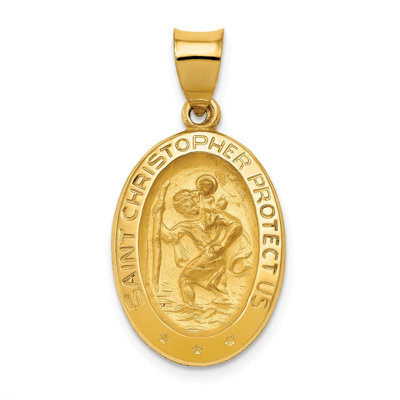 14k Polished and Satin Hollow St Christopher Medal Oval Pendant XR1310