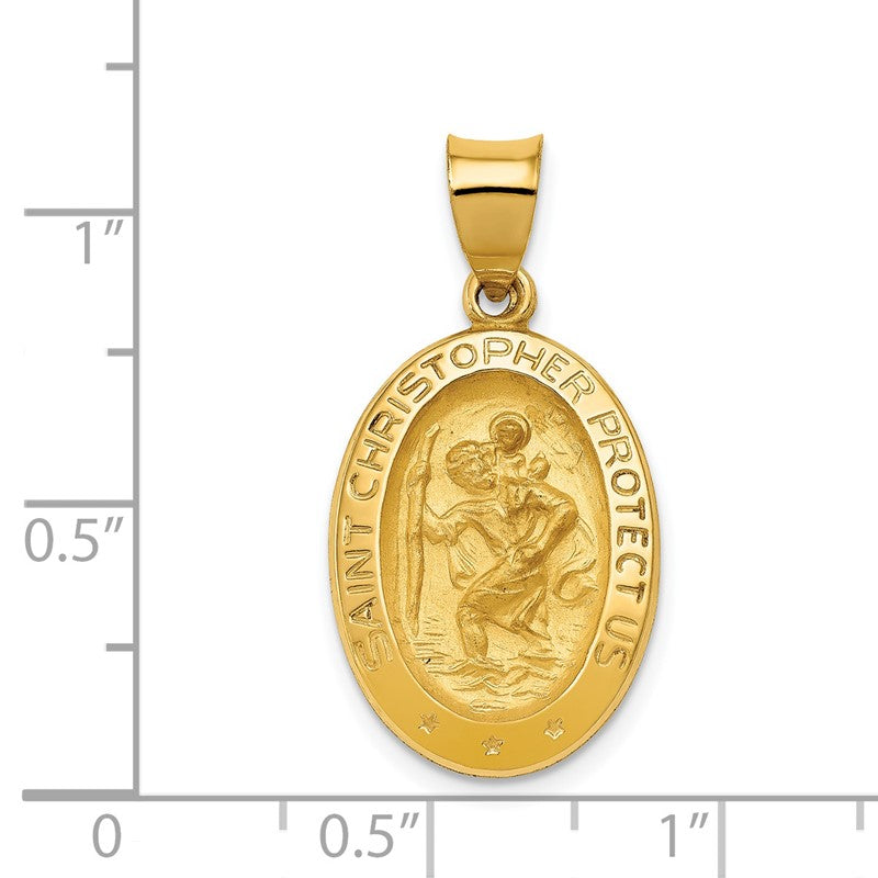 14k Polished and Satin Hollow St Christopher Medal Oval Pendant XR1310