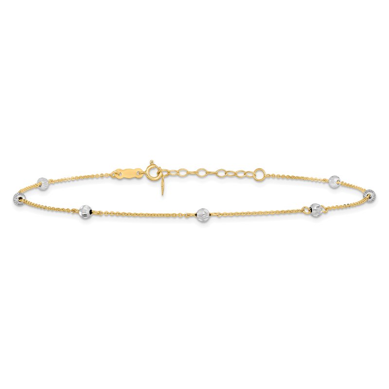 14K Two-tone Diamond-cut Beads 7-Station 9 inch Plus 1 inch Extender - Total 10 inch Anklet ANK261
