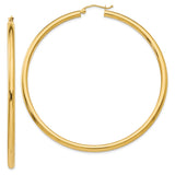14K 3x65mm Polished Lightweight Tube Hoop Earrings T946L