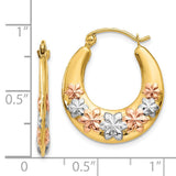 14K & White and Rose Rhodium Hollow Flowers Hoop Earrings TL742