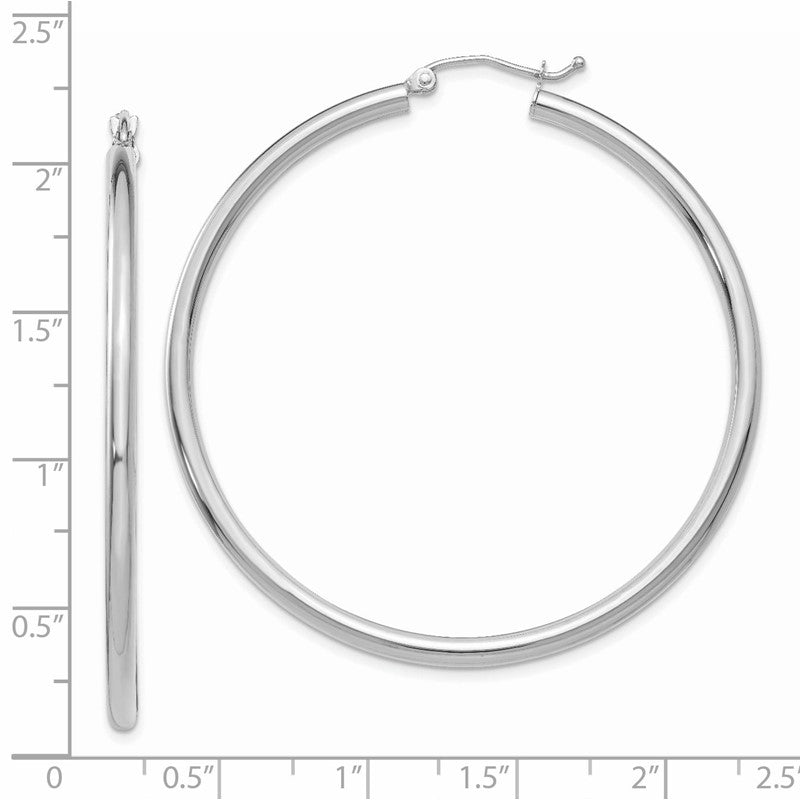 14K White Gold 2.5x50mm Polished Round Tube Hoop Earrings T844