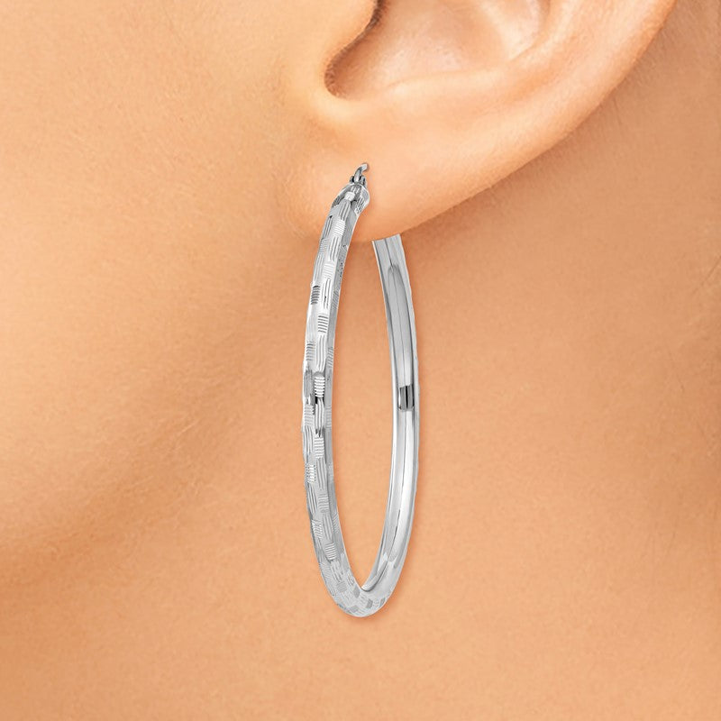 14k White Gold 3x45mm Diamond-cut Tube Hoop Earrings TF628