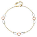 14k Tri-color Circle and Oval 3-Station 9 inch Plus 1 inch Extender - Total 10 inch Anklet ANK222
