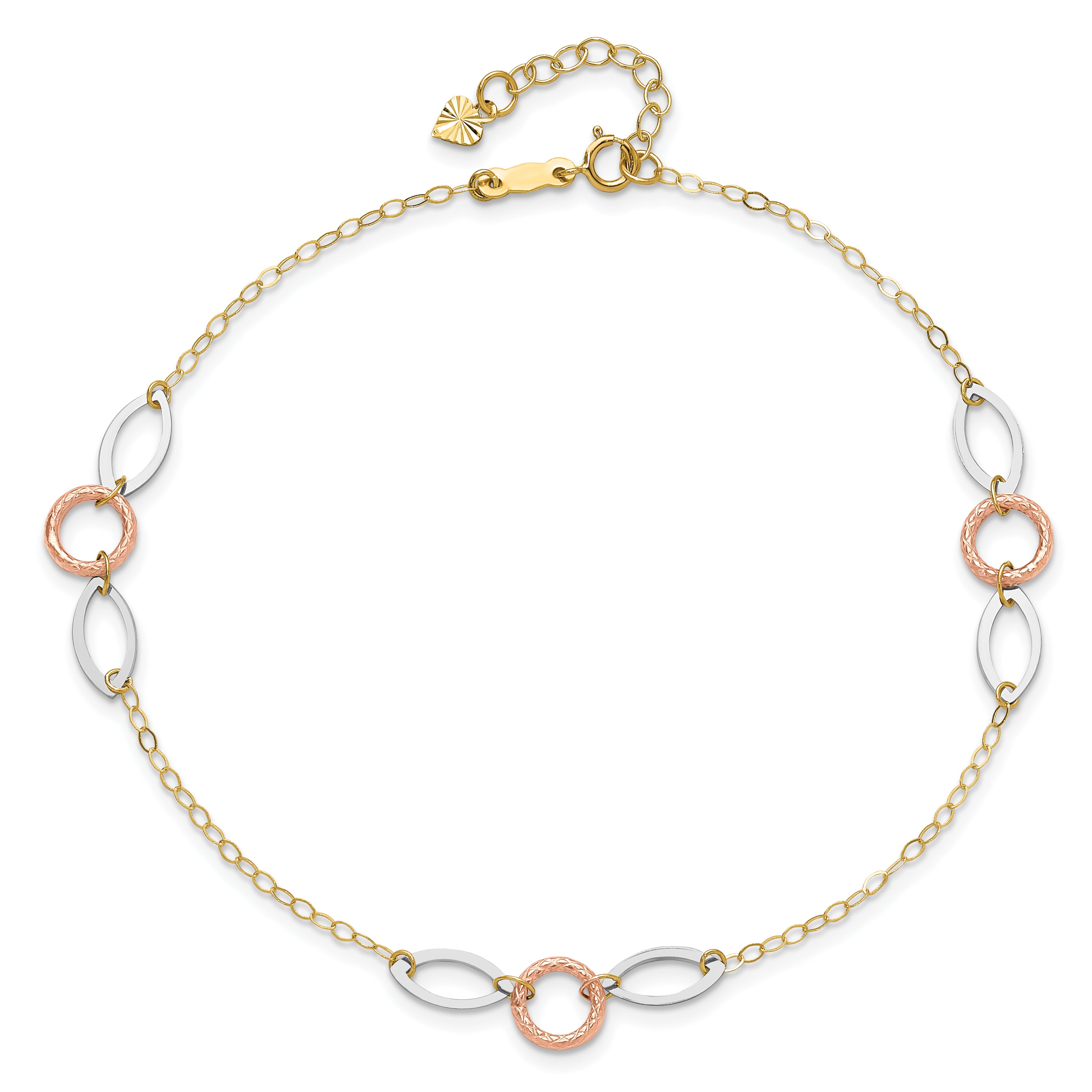 14k Tri-color Circle and Oval 3-Station 9 inch Plus 1 inch Extender - Total 10 inch Anklet ANK222