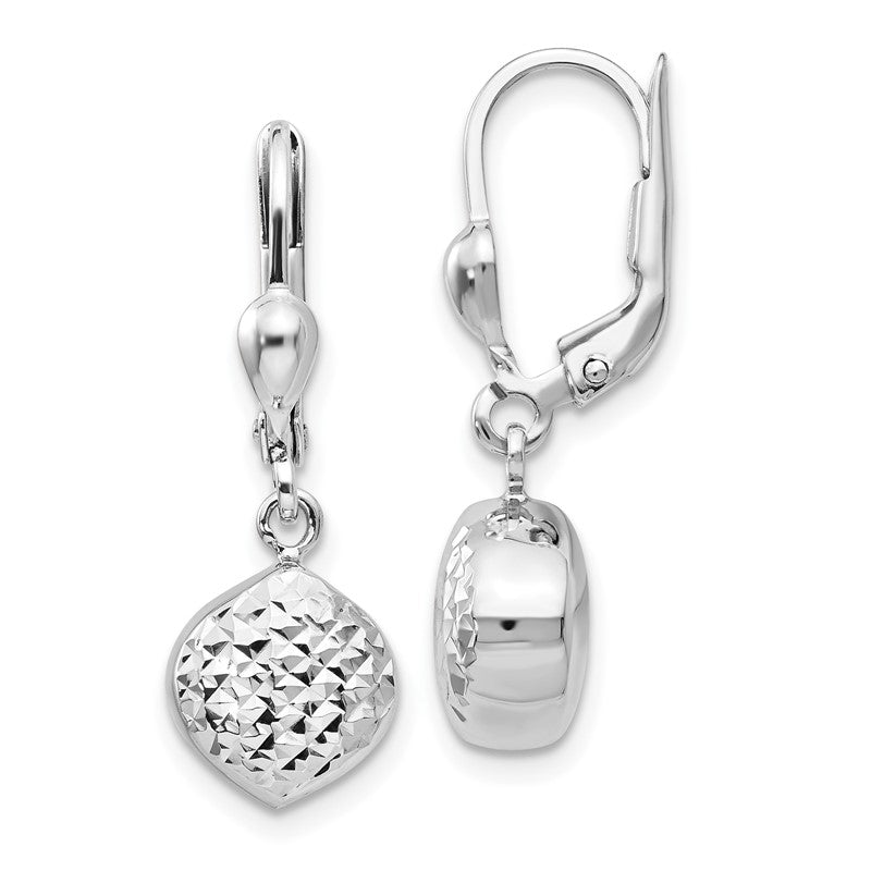 14k White Gold Polished Diamond-Cut Circle Dangle Leverback Earrings E766
