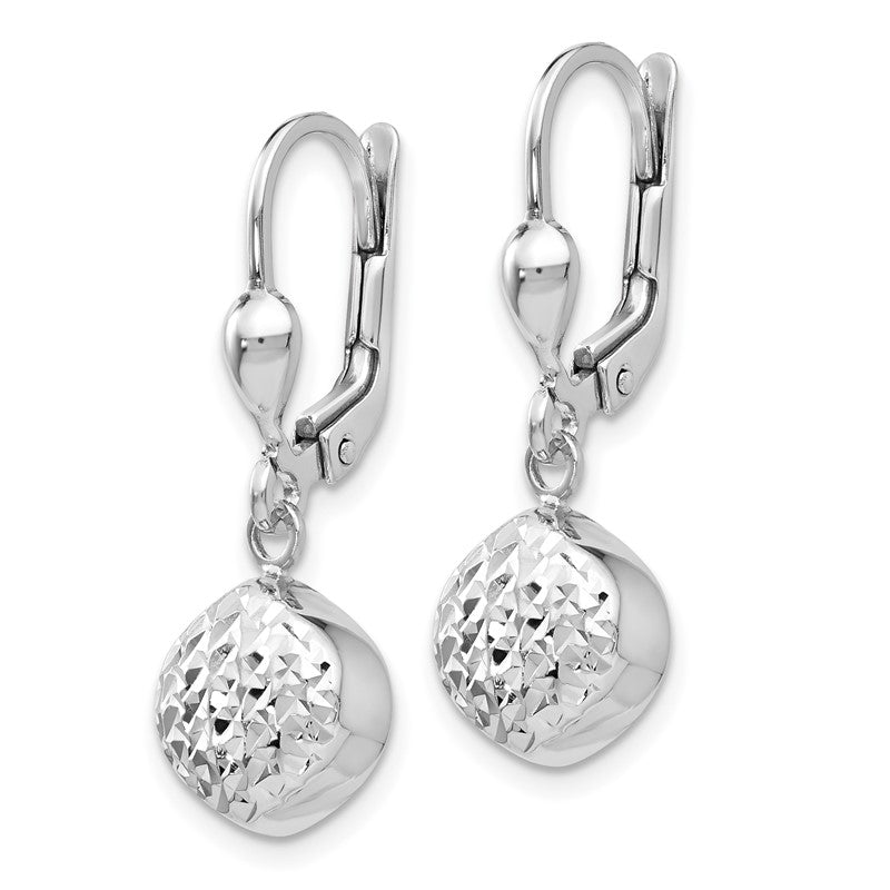 14k White Gold Polished Diamond-Cut Circle Dangle Leverback Earrings E766