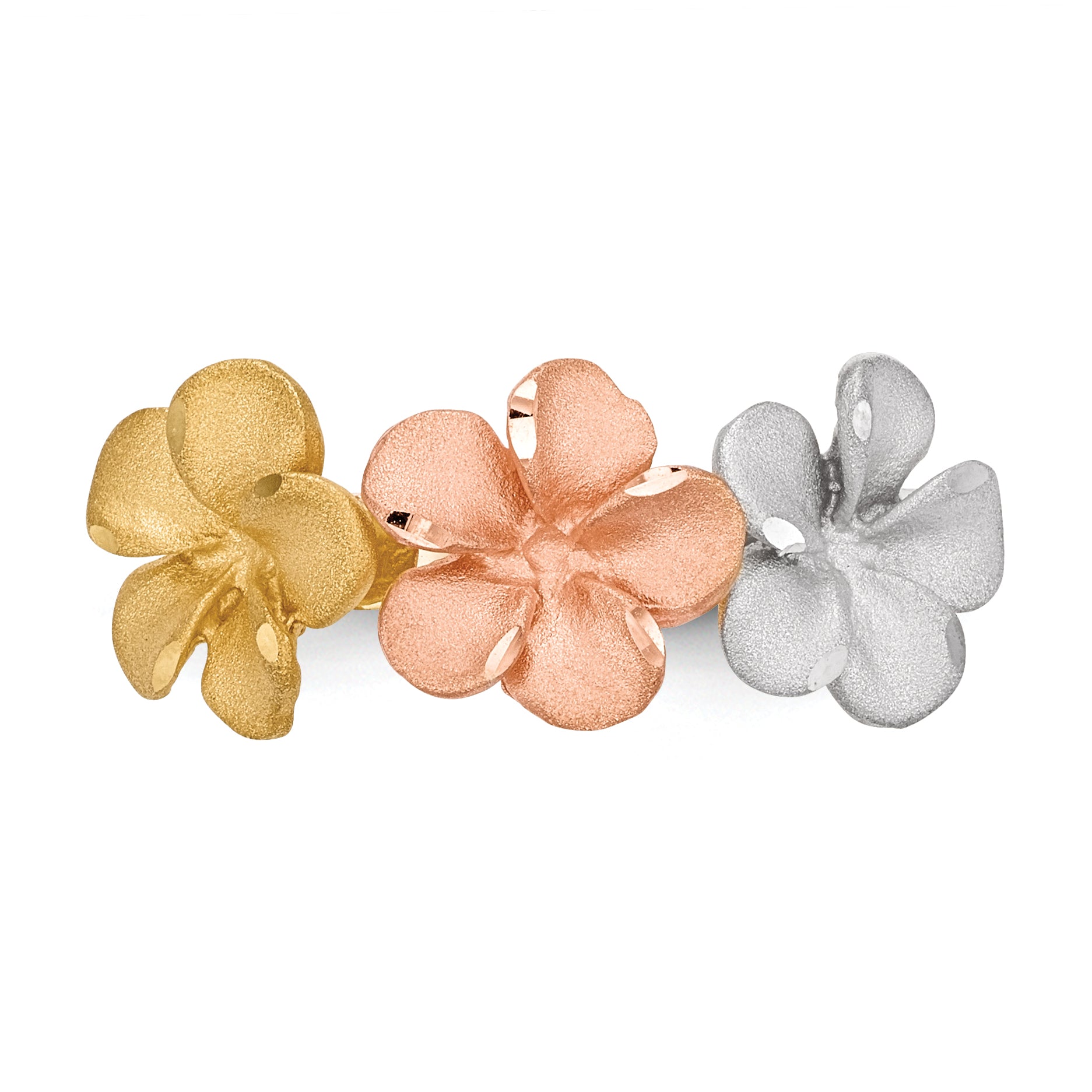 14k Two-tone with White Rhodium Satin Diamond-cut 3-Plumeria Flowers Ring R633