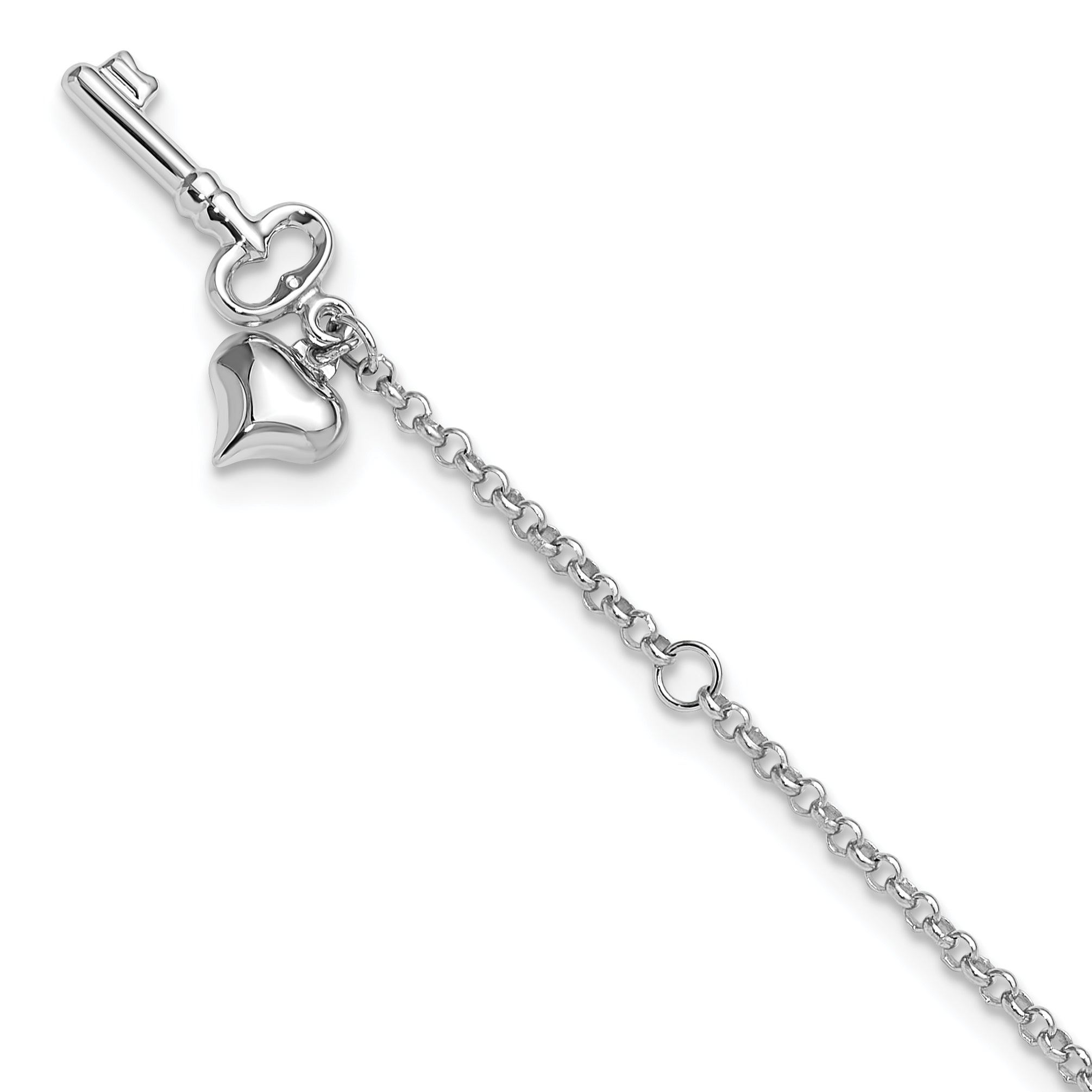 14k White Gold Cable Chain with Puffed Heart and Key Dangle 9 inch Plus 1 inch Extender - Total 10 inch Anklet ANK45