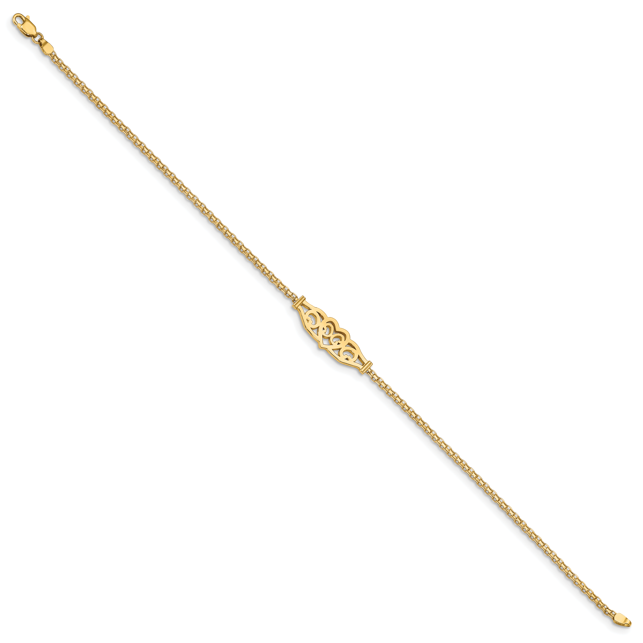 14k Polished Filigree Heart and Bismark Chain 10 inch Anklet ANK33