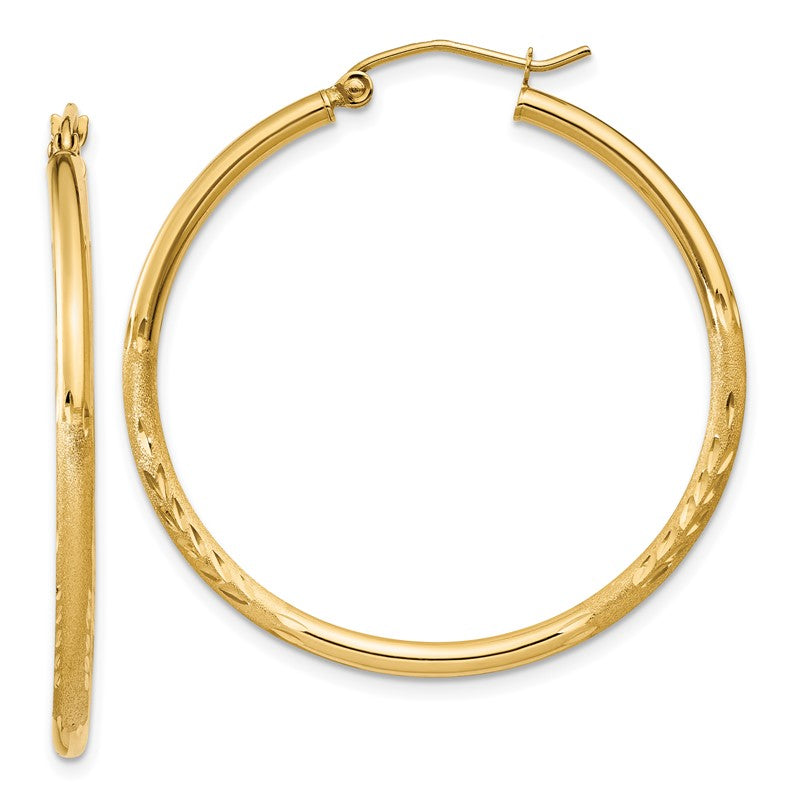 14k 2x35mm Satin Diamond-cut Round Tube Hoop Earrings TC207