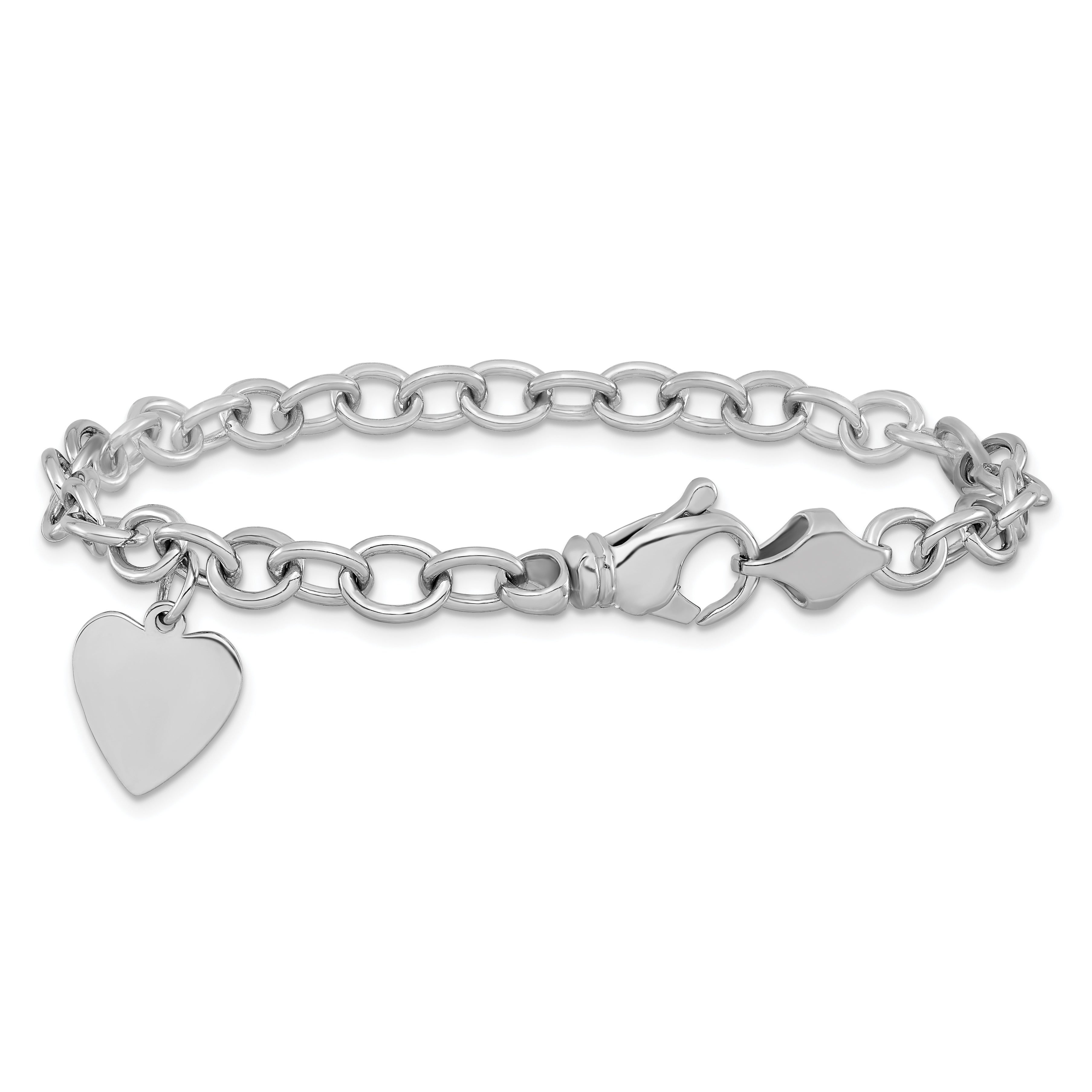 14k White Gold Engravable 19x13mm Solid Dangle Heart Charm and Solid Polished Link 7.5 inch Bracelet WLK312