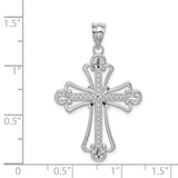 14K White Gold Polished Diamond-cut Textured Cross Pendant D4648