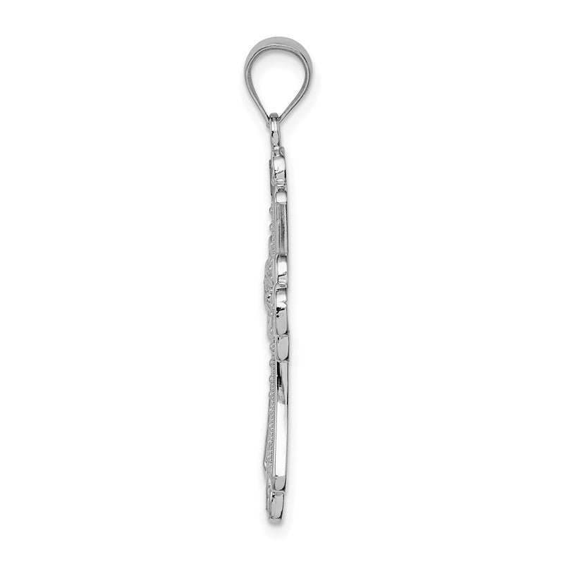 14K White Gold Polished Diamond-cut Textured Cross Pendant D4648