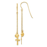 14K Ropa Chain Puffed Heart and Diamond-Cut Cross Dangle French Hook Earrings H1088