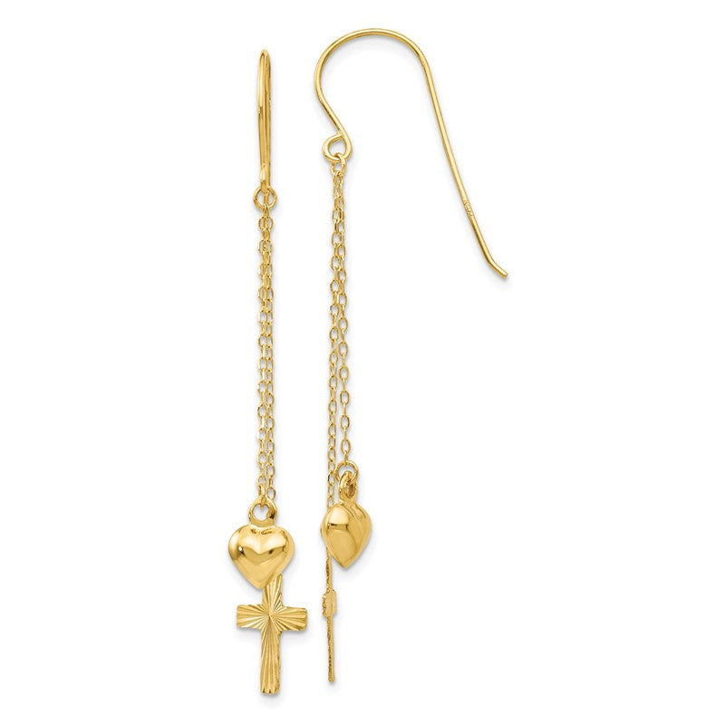 14K Ropa Chain Puffed Heart and Diamond-Cut Cross Dangle French Hook Earrings H1088