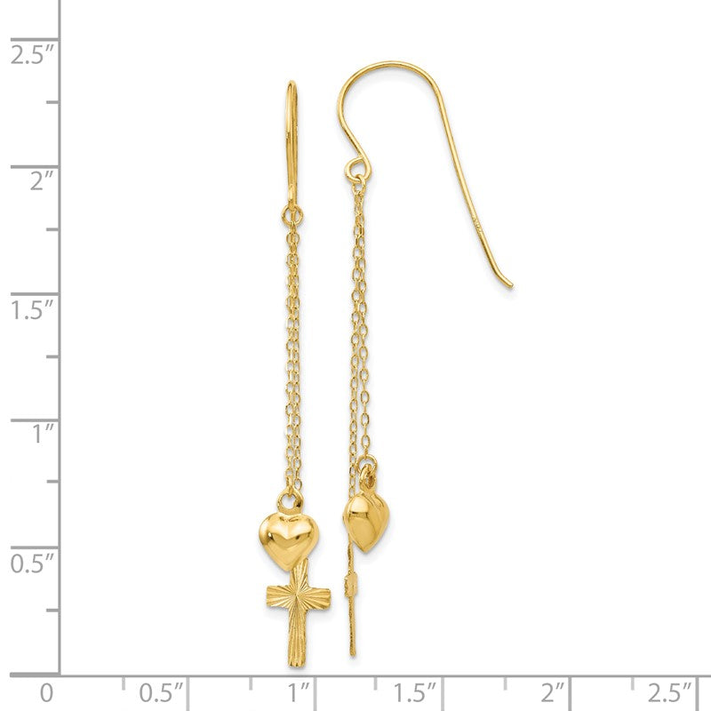 14K Ropa Chain Puffed Heart and Diamond-Cut Cross Dangle French Hook Earrings H1088