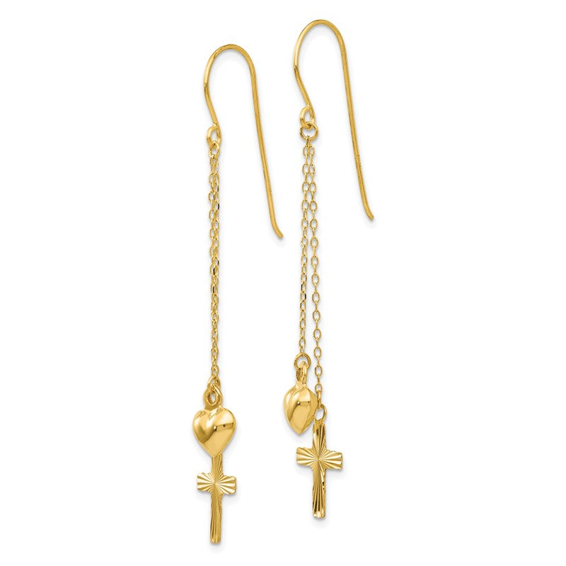 14K Ropa Chain Puffed Heart and Diamond-Cut Cross Dangle French Hook Earrings H1088
