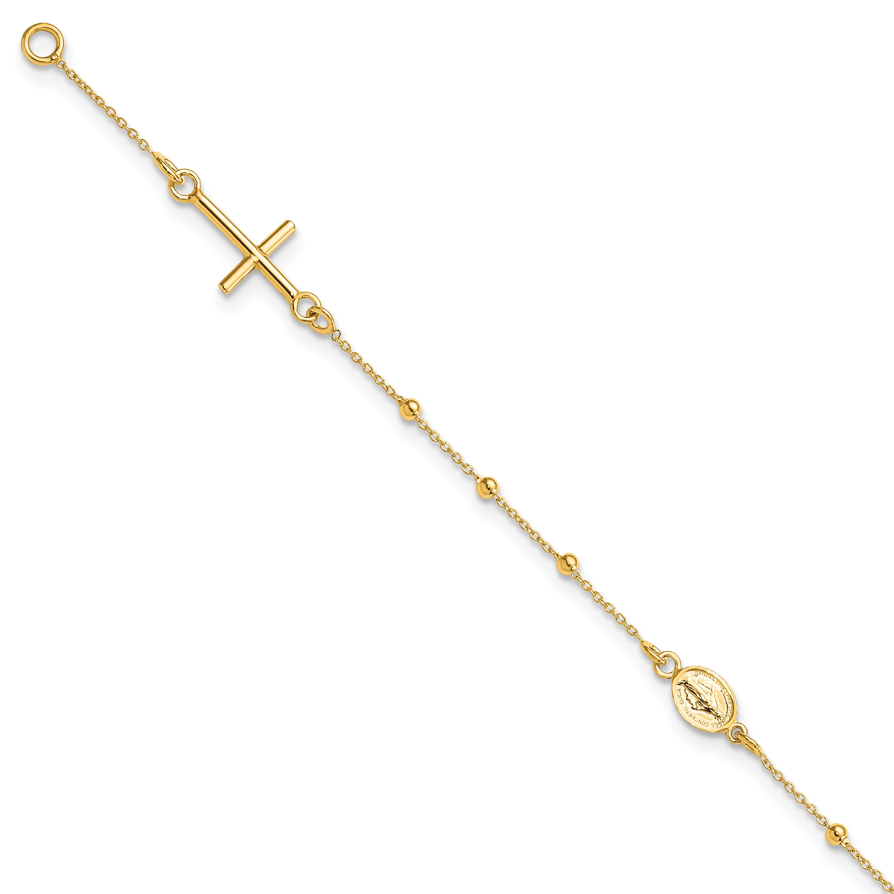 14k Polished Cross and Miraculous Medal Beaded 7.5 inch Rosary Bracelet SF2507