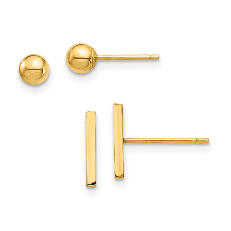 14K Set of Two Pair Bar and 3mm Ball Post Earrings YE1874