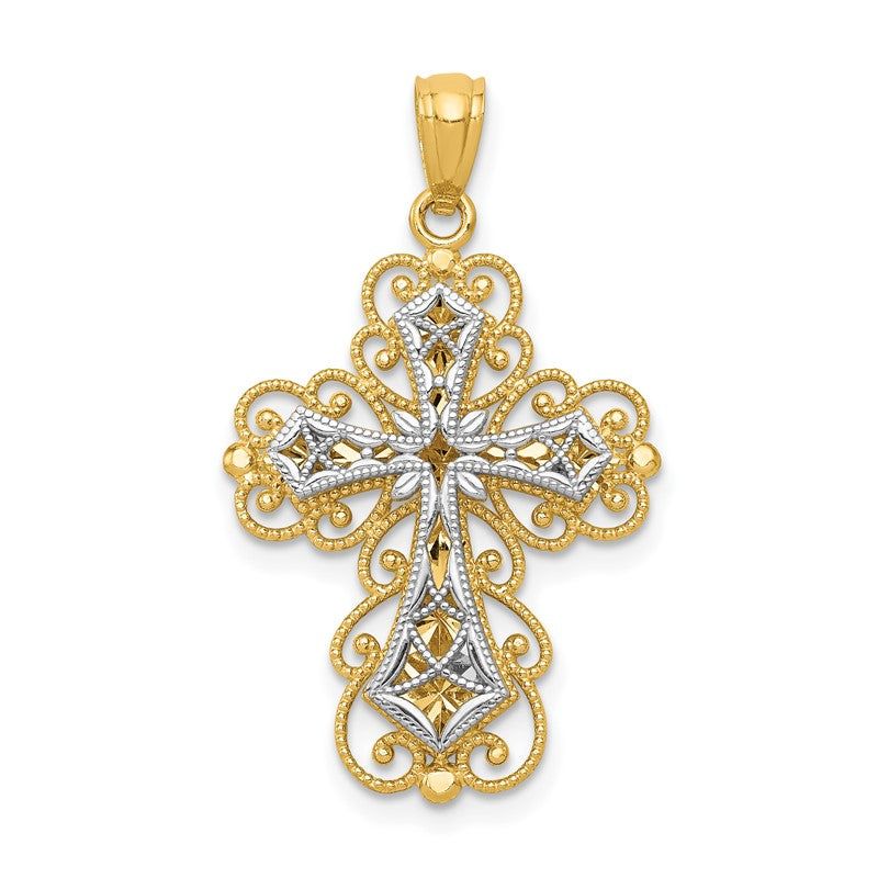 14K Two-tone Polished 2-Level Filigree Cross Pendant K5454