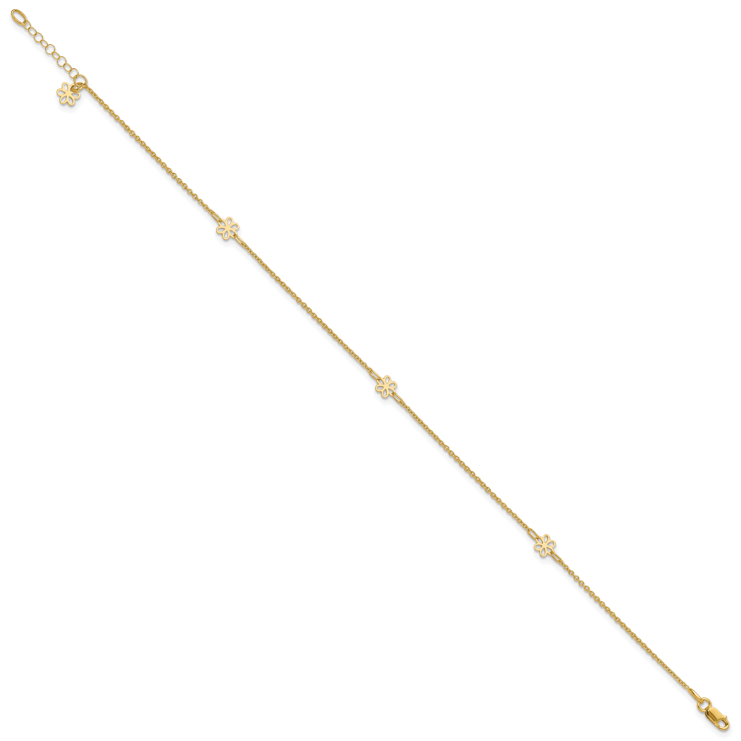 14K Flowers 3-Station with Flower Dangle 10 inch Plus 1 inch Extender - Total 11 inch Anklet ANK306