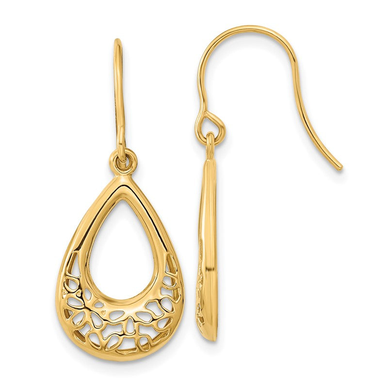 14k Polished Filigree Teardrop Dangle French Hook Earrings YE1804