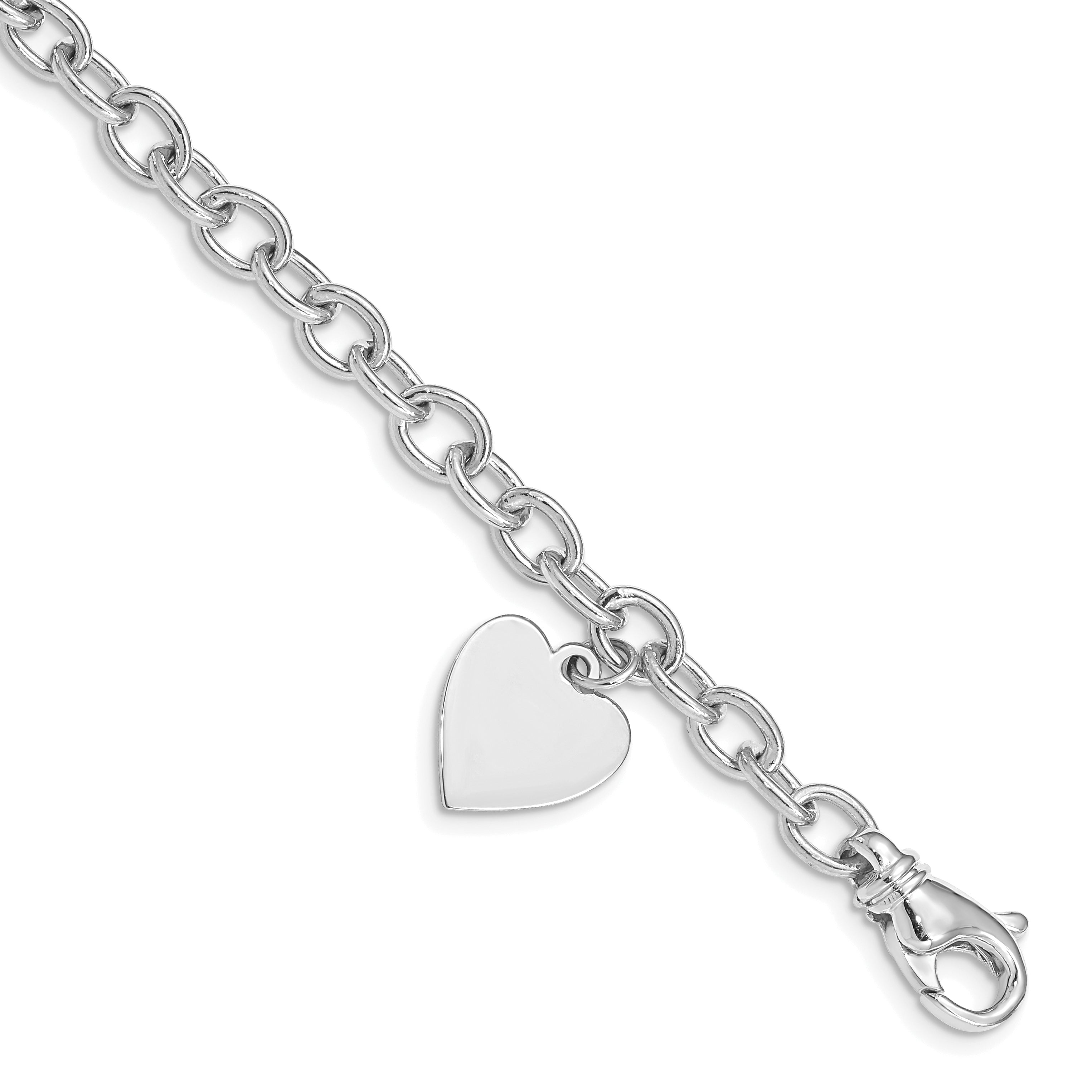 14k White Gold Engravable 19x13mm Solid Dangle Heart Charm and Solid Polished Link 7.5 inch Bracelet WLK312