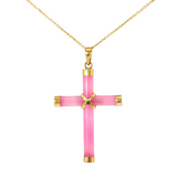 Lady's 14k Yellow Gold Pink Jade Cross Pendant - 18" Necklace