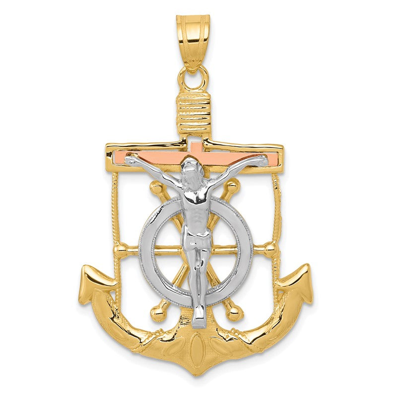 14k Tri-color Diamond-cut and Textured Mariners Crucifix Pendant C3932