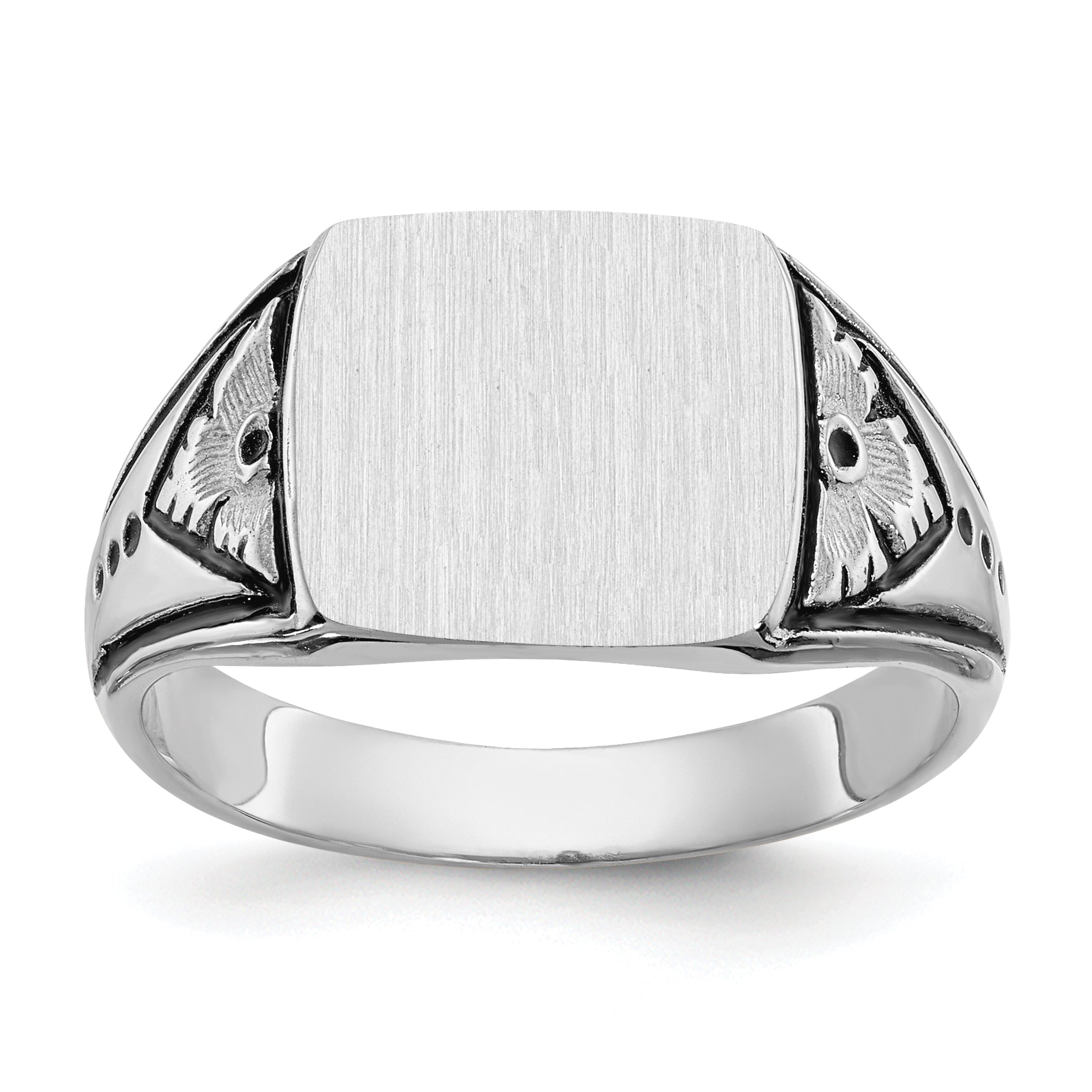 14k White Gold 11.5x11.0mm Rectangle Closed Back Antiqued Mens Signet Ring Y4138
